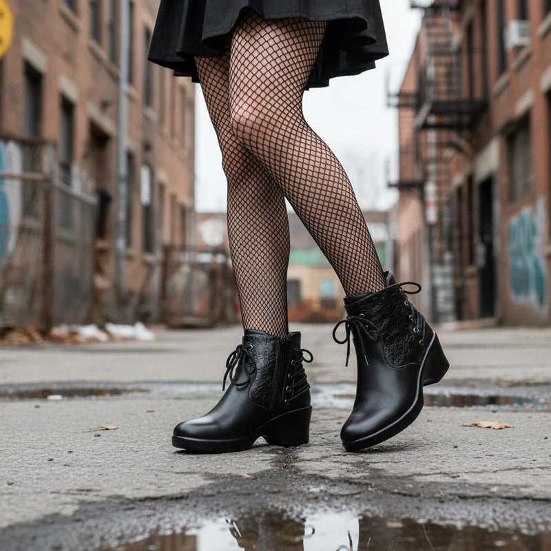 Girl walking down a street wearing a pair of black ankle boots with a lace pattern on the back. 