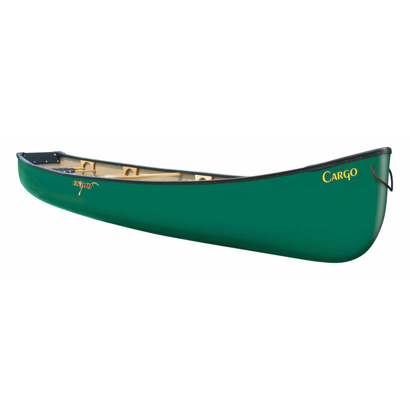 Side view of a teal colored canoe with yellow accents against a white background. 