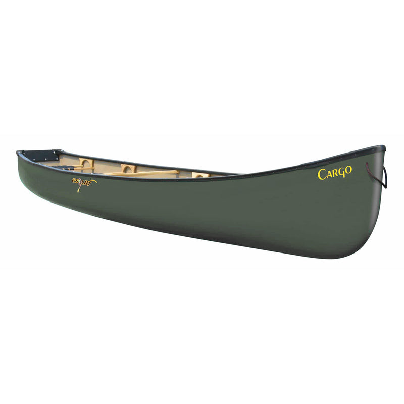 Side view of a teal canoe with yellow accents against a white background. 