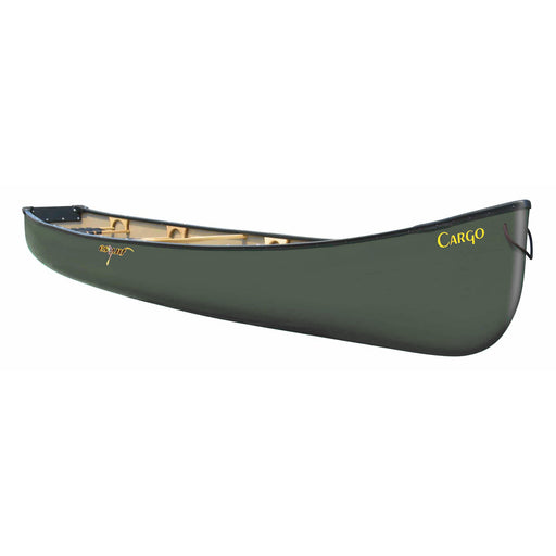 Side view of a green colored canoe against a white background. 