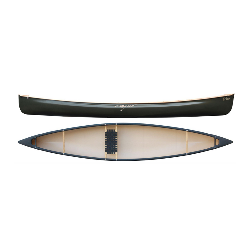 Top and side view of a black canoe on a white background.