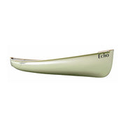 Side view of a white canoe on a white background.