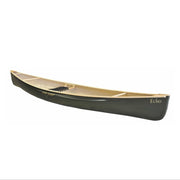 Dark green canoe with visible seating and yokes installed on a white background.