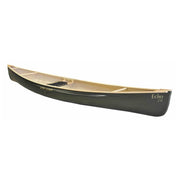 Side view of a dark green canoe with visible seating installed on a white background.