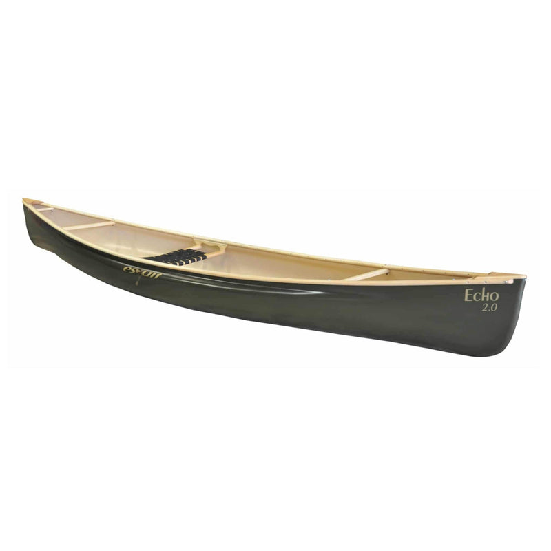Side view of a dark green canoe with visible seating installed on a white background.