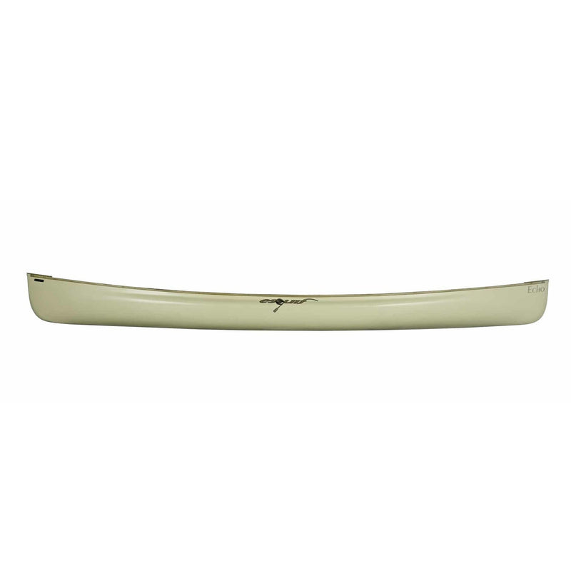 Side view of a white canoe on a white background.