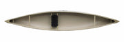 Interior view of a canoe with a web seat installed on a white background.