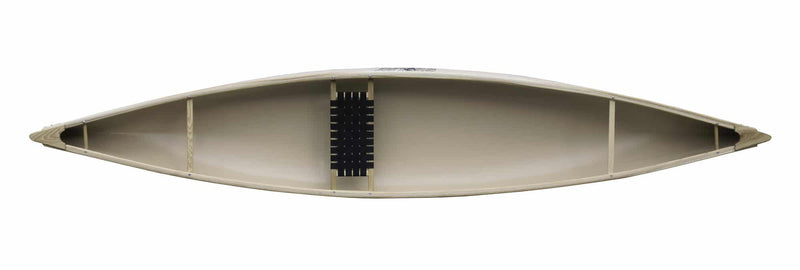 Interior view of a canoe with a web seat installed on a white background.