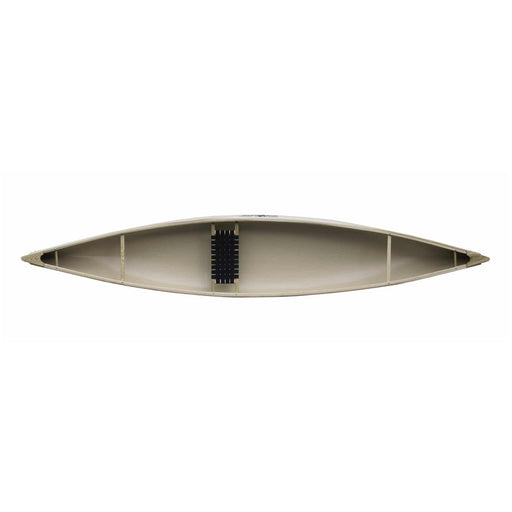 Top view of a canoe with seating installed on a white background.
