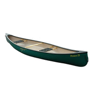 Side view of a dark green canoe with seats and yokes installed on a white background.