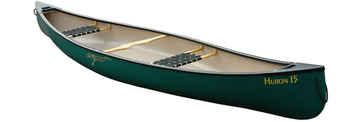 Side view of a green colored canoe showcasing two web seats and a yoke on the inside against a white background. 