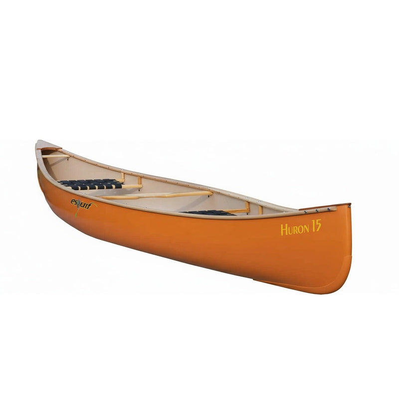 Side view of an orange canoe with seats and yokes installed on a white background.