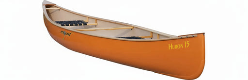Orange canoe with beige interior on a white background, featuring the brand 'Huron'.
