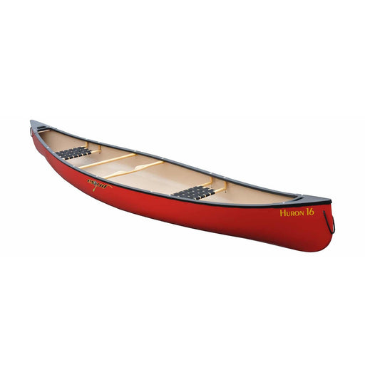 Side view of a red canoe with seats and accessories installed on a white background.