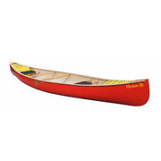 Side view of a red canoe with seats and accessories installed on a white background.