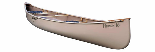 Side view of a tan canoe with a Huron 16 logo on the side as well as web seats installed on a white background.