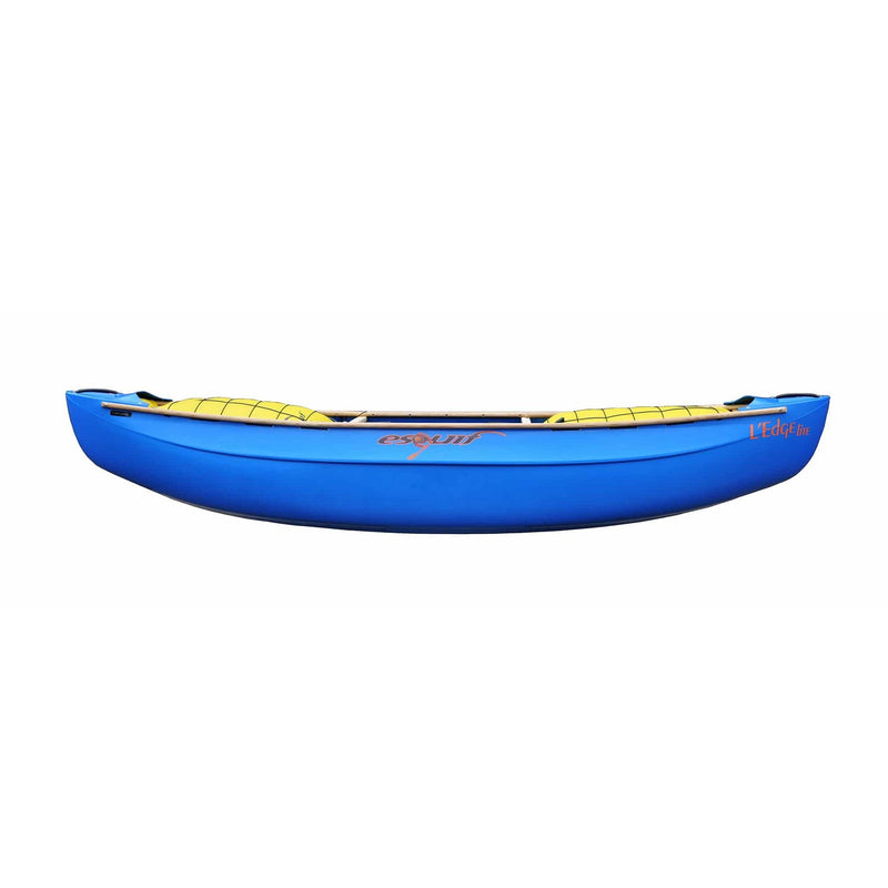 Side view of a blue canoe on a white background.