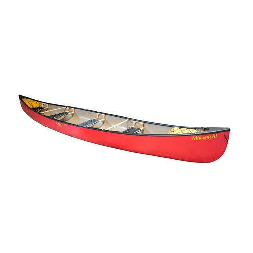 Red canoe with seats and accessories installed on a white background.