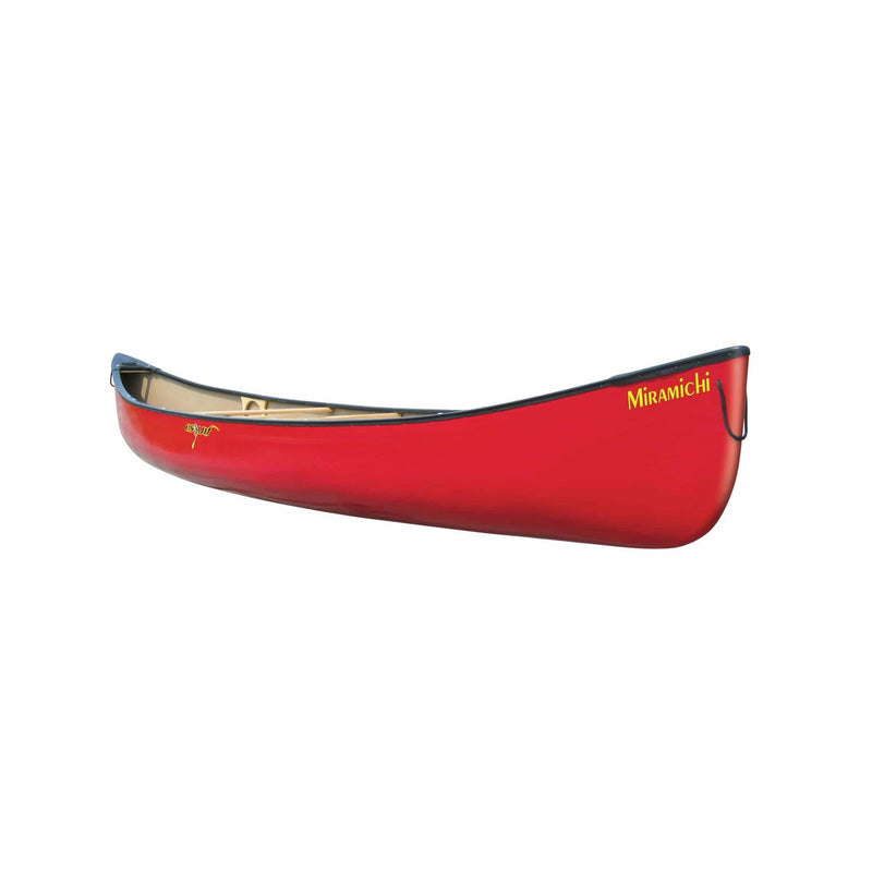 Side view of a red canoe on a white background.