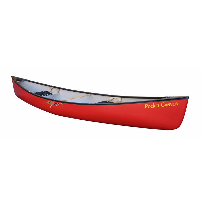 Red canoe with visible seats installed on a white background.