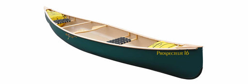 Side view of a teal colored canoe showing web seats, a yoke, and float bags against a white background.