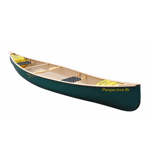 Side view of a dark teal canoe with visible accessories and seating installed on a white background.