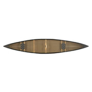 Top view of a canoe with seats and accessories installed on a white background.
