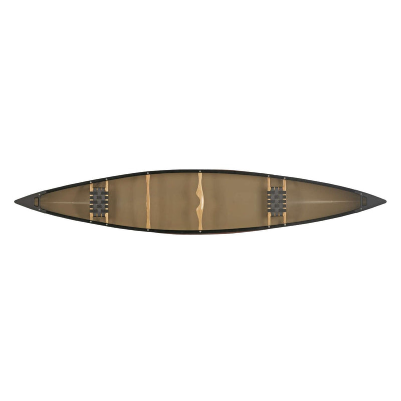 Top view of a canoe with seats and accessories installed on a white background.