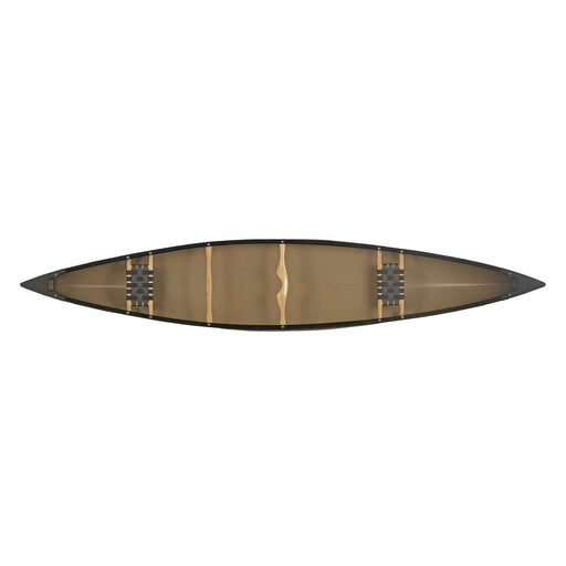 Top view of a canoe with seats and accessories installed on a white background.