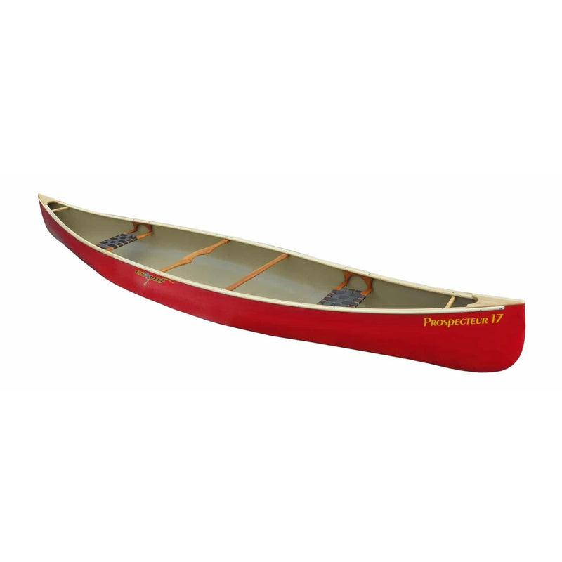 Red canoe with seats and accessories installed on a white background.