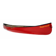 Side view of a red canoe on a white background.