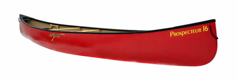 Side view of a bright red colored canoe against a white background.