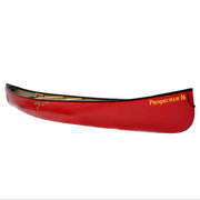 Red canoe with visible accessories installed on a white background.