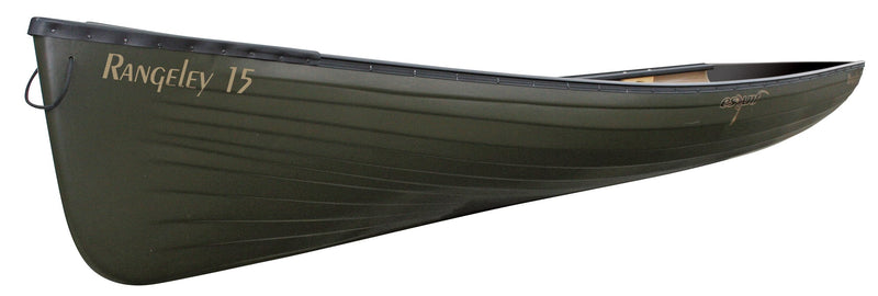 Dark green canoe with 'Rangeley 15' and Esquif branding on a white background