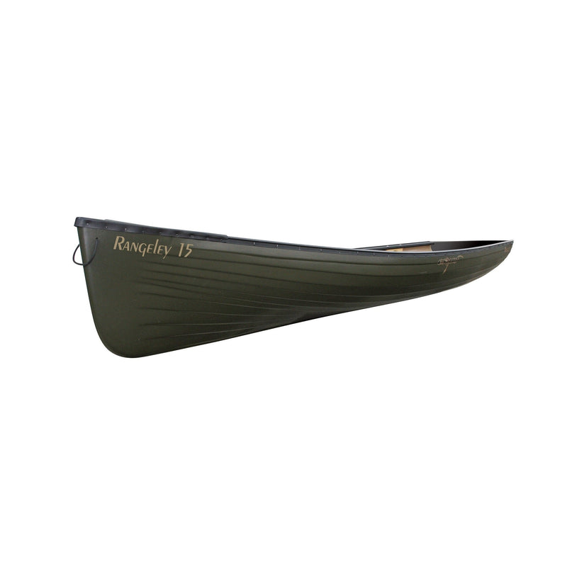Dark green canoe on a white background.
