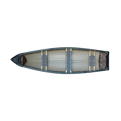 Top view of a canoe with three seats installed on a white background.