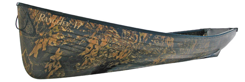 Wooden canoe with 'Rangeley' Esquif branding on a white background