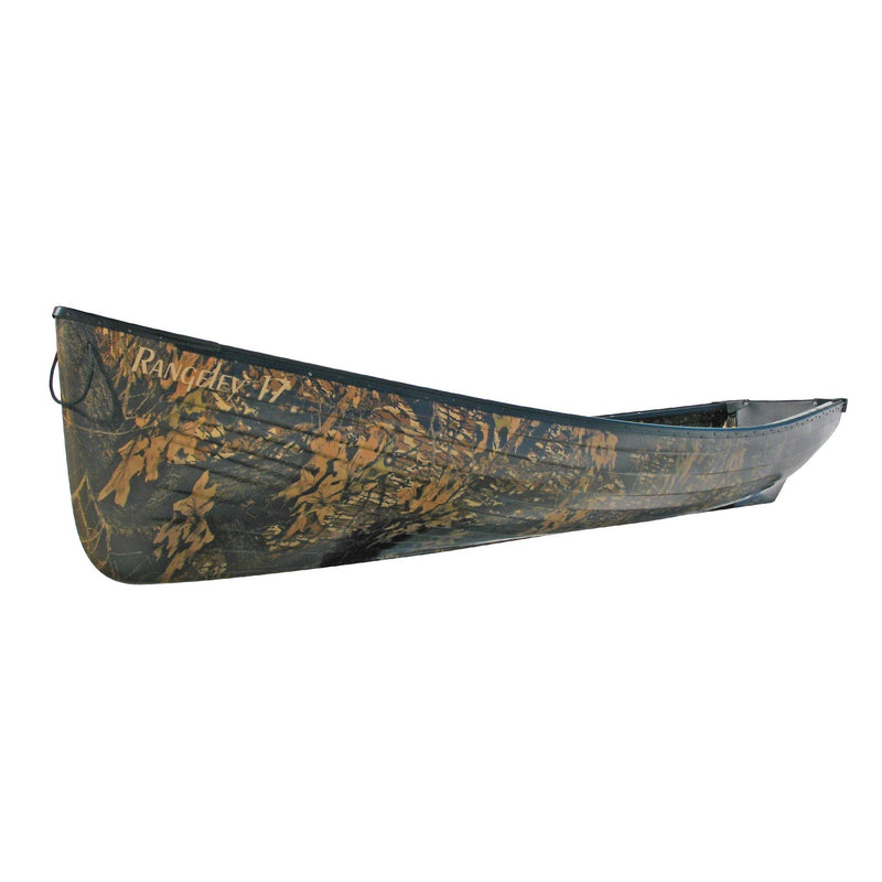 Side view of a camouflage patterned canoe on a white background.