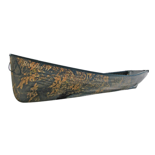 Side view of a camouflage patterned canoe on a white background.