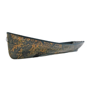 Side view of a camouflage patterned canoe on a white background.