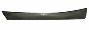 Side view of an army green colored canoe against a white background.