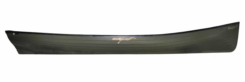 Side view of an army green colored canoe against a white background.