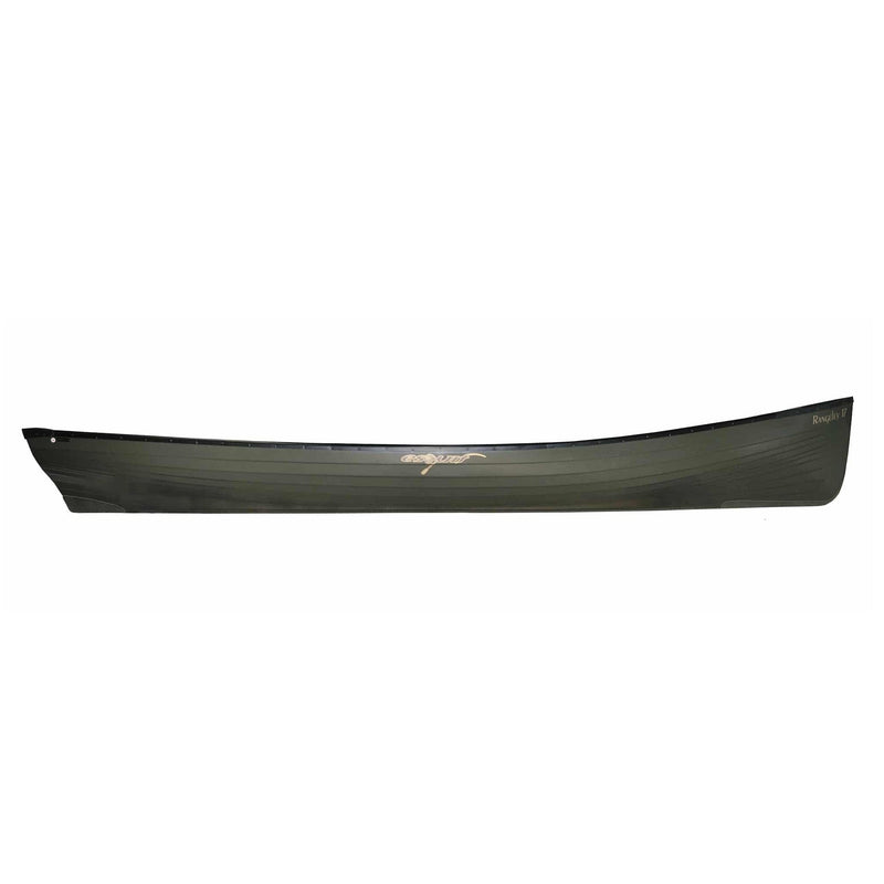 Side view of a dark green canoe on a white background.