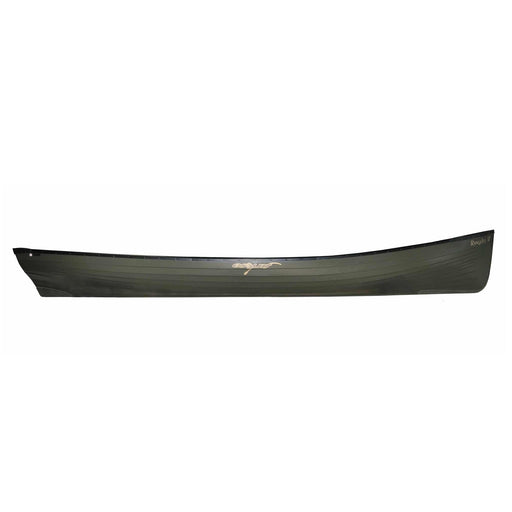 Side view of a dark green canoe on a white background.