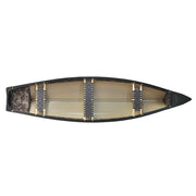 Top view of a canoe with seats installed on a white background.