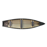 Top view of a canoe with seats installed on a white background.