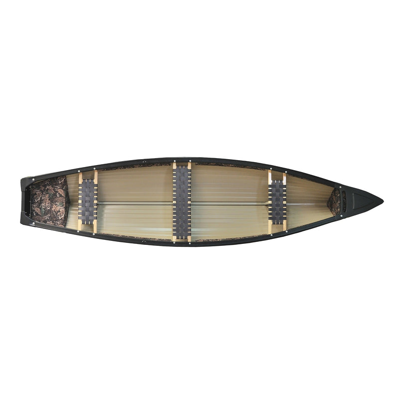 Top view of a canoe with seats installed on a white background.
