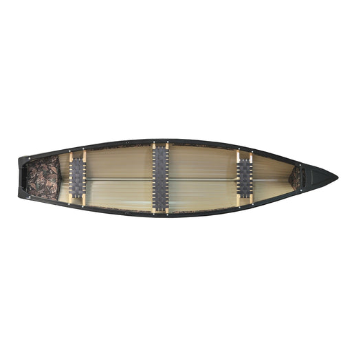 Top view of a canoe with seats installed on a white background.