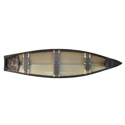 Top view of a canoe with seats installed on a white background.