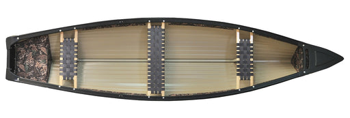 Top view of a canoe with three web seats installed against a white background. 